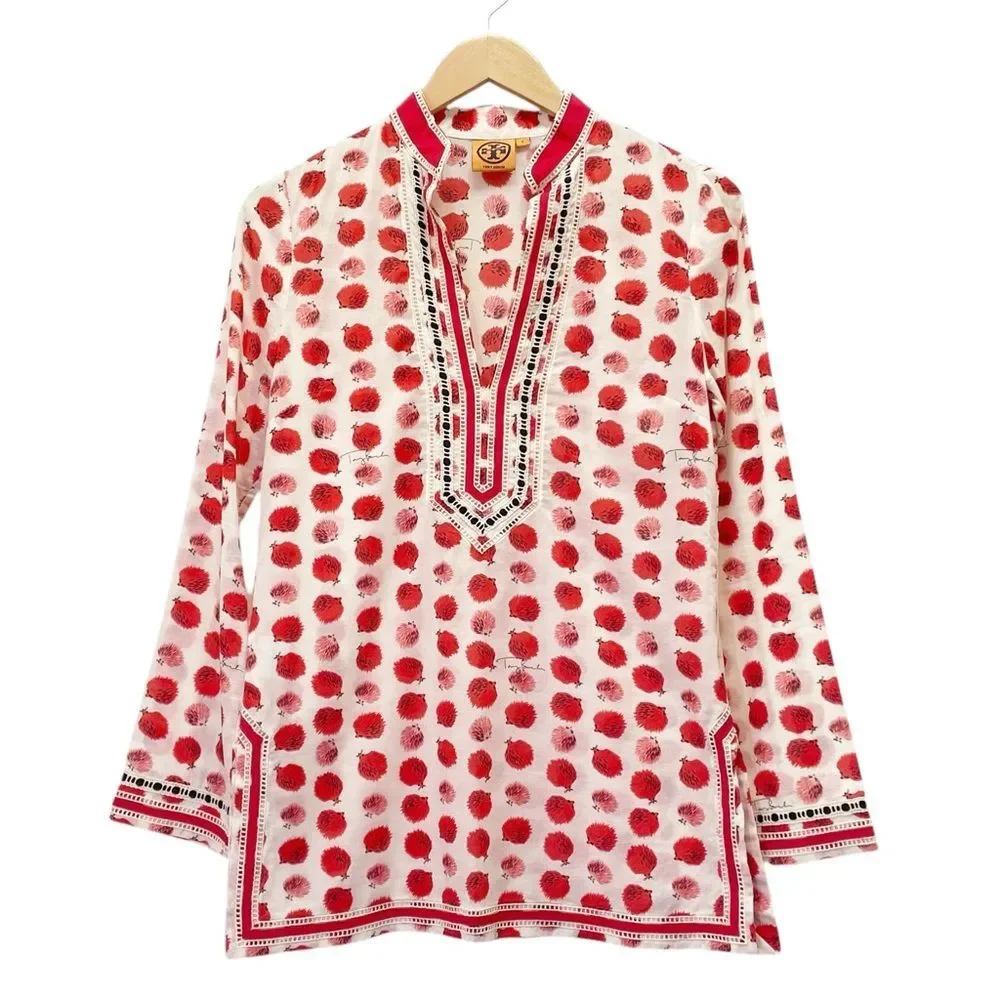 Tory Burch Tory Tunic in Tapioca Hedgehog Cotton Cream & Red Print Size 0 RARE